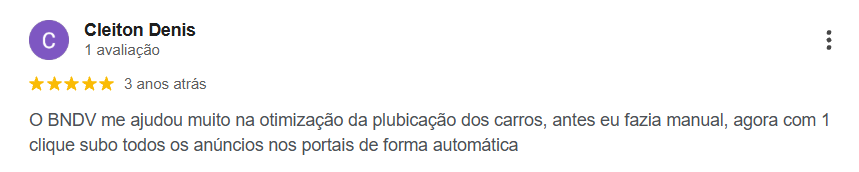avaliação de cliente do BNDV no Google